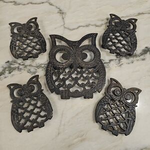 Cast Iron Owl Trivet Set of 5 Taiwan Footed Hot Plate Vintage